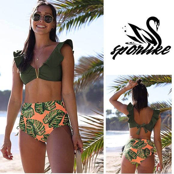 Sporlike Swim Sporlike Ruffle Strappy High Waist Bikini Set New